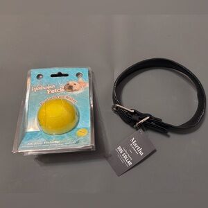 Waboba Fetch Ball & Black Leather Martha Stewart  Dog Collar, Dog Bundle Size M